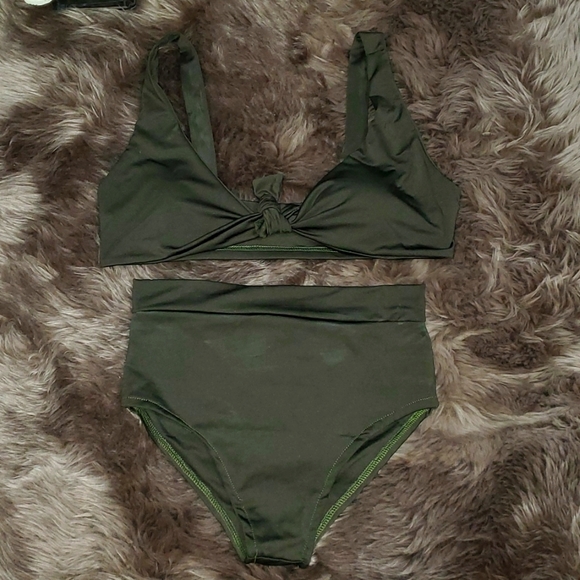 Olive Green High Waisted Bikini Tie Knot Two Piece Bathing Suits - Picture 3 of 3